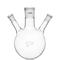 Trojhrdlá banka s kulatým dnem se šikmými bočními hrdly, 100 ml, brusy 29/14/14, GLASSCO, borosilikátové sklo (BORO 3.3)