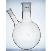 Dvouhrdlá banka s kulatým dnem se šikmým bočním hrdlem, 50 ml, brus 29/32 a 14/23, GLASSCO, borosilikátové sklo (BORO 3.3)