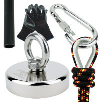 Neodymový magnet 250 kg s uchytom - set na magnetický rybolov (lano 25 m, N52)