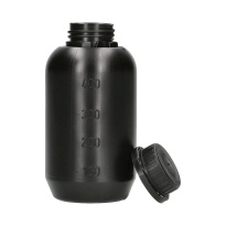 Fľaša HDPE 500 ml okrúhla s uzáverom s plombou čierna – ochrana pred svetlom a neoprávneným otvorením