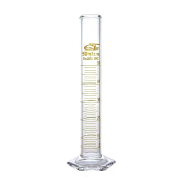 Odměrný válec skleněný, 50 ml, třída B, hnědá stupnice skleněná šestihranná základna