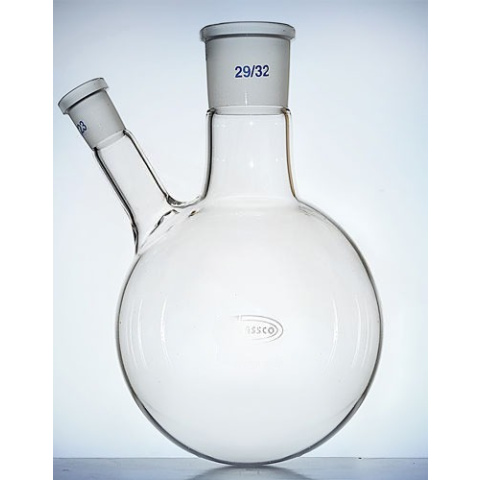 Dvojhrdlá banka s guľatým dnom so šikmým bočným hrdlom, 50 ml, brúsy 29/32 a 14/23, GLASSCO, borosilikátové sklo (BORO 3.3)