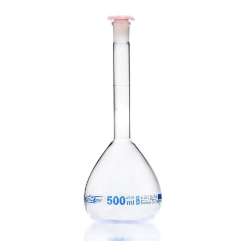 Odmerná banka sklenená, 100 ml, trieda B, modrá stupnica, brúsený spoj 14/23 – NewLine