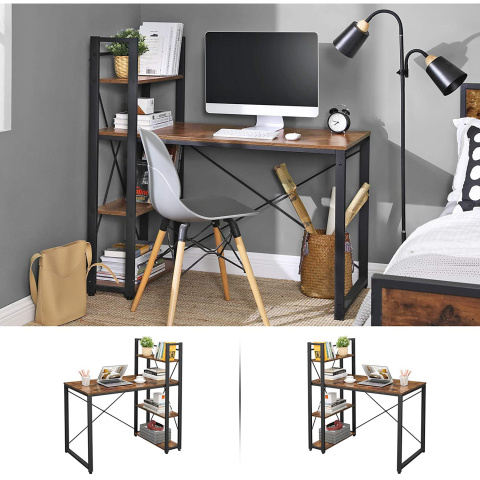 Computertisch 120x60x120cm mit Regalen aus braunem Holz und Metall