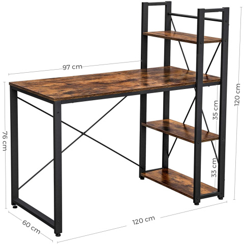 Computertisch 120x60x120cm mit Regalen aus braunem Holz und Metall