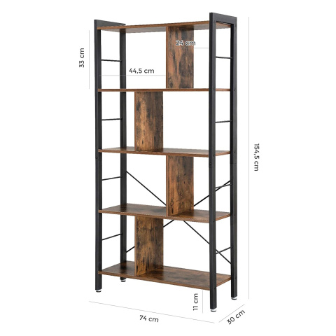 Bücherregal 74x30x154cm rustikales braunes Holzmetall