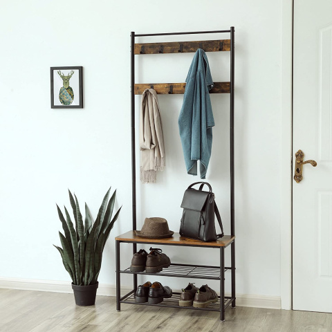 Kleiderbügel mit Sitz 70x32x175cm Holz, braunes Metall