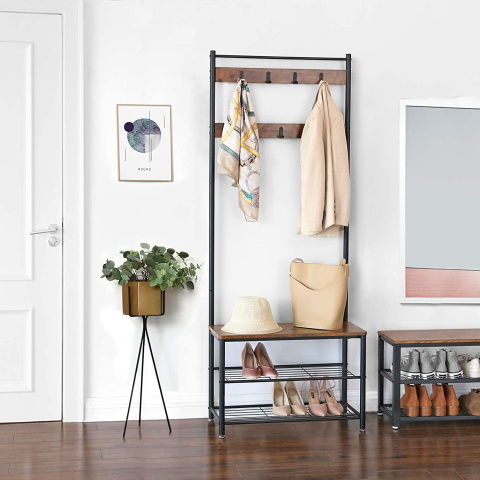 Kleiderbügel mit Sitz 70x32x175cm Holz, braunes Metall