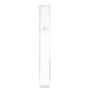 Cylindre de Nessler avec bec verseur, 50 ml, échelle bleue 25/50 ml, classe A, tolérance 0,4 ml