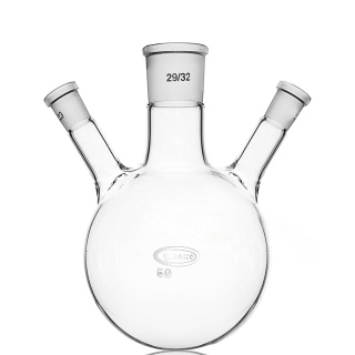 Bocal à trois cols avec fond rond et cols latéraux inclinés, 100 ml, bouchons 29/14/14, GLASSCO, verre borosilicaté (BORO 3.3)