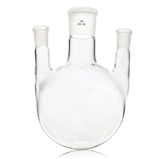 Bouteille à col triangulaire avec fond rond, cols droits, 100 ml, joints coniques 29/14/14, verre borosilicaté (BORO 3.3)