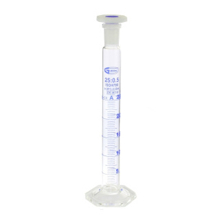 Cylindre gradué en verre avec bouchon en liège PP, 25 ml, classe A, joint rectifié 14/23, avec certificat – GLASSCO