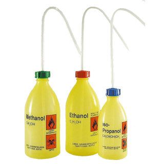 Striekacia fľaša LDPE 500 ml s potlačou ETHANOL, závit GL25, žltá