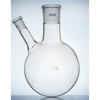 Bouteille à col double avec fond rond et col latéral incliné, 50 ml, meules 29/32 et 14/23, GLASSCO, verre borosilicaté (BORO 3.3)