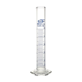 Cylindre gradué en verre, 50 ml, classe B, graduation bleue, base hexagonale en verre