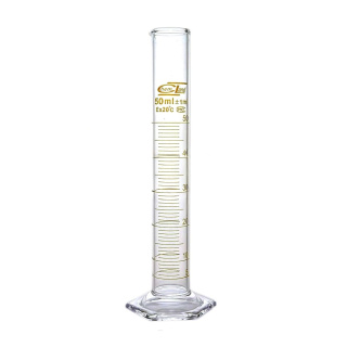 Cylindre gradué en verre, 50 ml, classe B, graduation marron, base hexagonale en verre