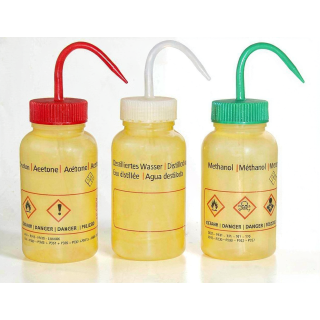 Flacon à pression LDPE 250 ml avec impression EAU DISTILLÉE, large ouverture GL40 - jaune